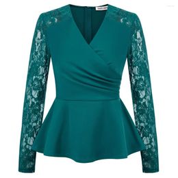 Women's T Shirts Women Peplum Hem Tops Casual Lace Solid Color Long Sleeve Surplice V-Neck Pullover Slim Fit Slight Stretch Tee
