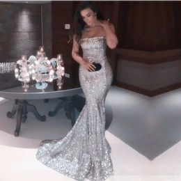 Gold Dresses Sier Evening Mermaid Sequins Elegant Strapless Sweep Train 2019 Custom Made Plus Size Prom Gown Formal Ocn Wear