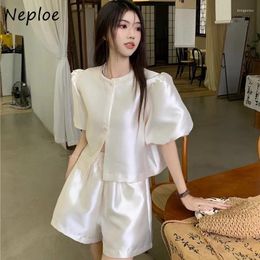 Women's Tracksuits Neploe Chinese Style Vintage Puff Sleeve Shirts Women Y2k High Waist Wide Leg Shorts 2024 Summer Two Piece Sets