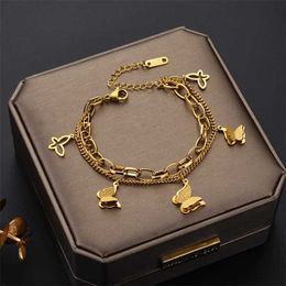 Chain 316L Stainless Steel New Fashion Upscale Jewellery Multi-element 2 Layer Frosted Butterflys Charm Chain Thick Bracelets For Women