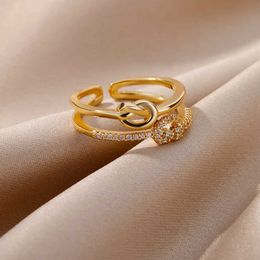 Wedding Rings Knot Zircon Ring for Women Stainless Steel Gold Color Open Finger Rings Aesthetic Waterproof Jewelry Accessories anillo mujer