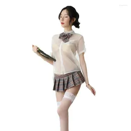 Bras Sets Women's Cute Sexy Student Uniform Bow Tie Ultra-short Pleated Skirt Erotic Lingerie English Plaid Transparent Shirt