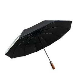 Umbrellas Red leaf Men Business Style Automatic Folding Rain and Sunshade Anti-UV Umbrella Wood handle Black glue coating Big umbrella