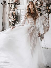 Bohemian Deep V-Neck Appliques Lace A-Line Wedding Dresses Long Sleeve Backless Pleat Bridal Gowns Robe De Mariee