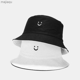 Caps Hats New Smiling Face Double Faced Fisherman Hat Men and Women Street Trend Hat Tourism Sunshine Couple Panama Summer Colored HatL240429