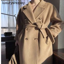 Maxmaras Cashmere Coat Womens Wool Coats Classic Camel 101801 Double Breasted Mid Length 2024 High End Woollen Hepburn Style