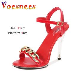 11CM Transparent High Heels Summer Chain Style Nonslip Sandals One Word Band Sexy Party Women Shoes Ankle Strap Buckle Pumps 240424