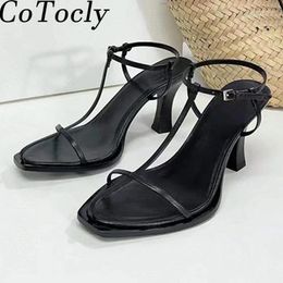 Dress Shoes Summer High Heels Gladiator Sandals Women Narrow Band Runway Woman Genuine Leather Black White Ankle Strap