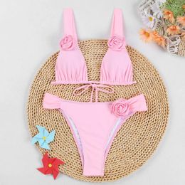 Women's Swimwear Sexy 3D Flower Bikinis Sets Two Pieces Solid Triangle Back Tie Padded Thong Female Bathing Suit Biquini Tankini