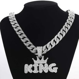 Pendant Necklaces KING Crown Letter Pendant Necklace Set with Diamonds Trendy Hiphop Cuban Chain Hip Hop Necklace