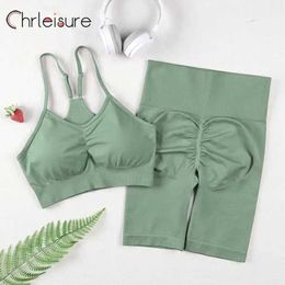 Women's Tracksuits CHRLEISURE 2Pcs Shorts Set Women Sport Gym Set Sexy Bra Seamless Workout Running Tracksuit Gym Wear Athletic Suit Y240426