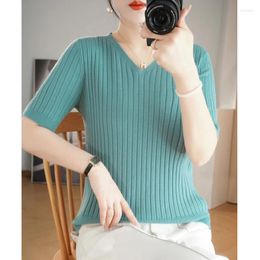 Women's T Shirts T-shirt Spring/Summer Solid Colour Sweater Half Sleeve V Neck Ladies Tops Loose Blouse Basic Pullover Tees