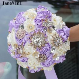 Wedding Flowers JaneVini 2024 Light Purple Artificial Crystal Bride Bouquets Pearls Rhinestones Bridal Hand Custom Satin Roses