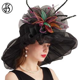 Wide Brim Hats Bucket Hats FS Kentucky Derby Hats With Flower Feather Summer Organza Church Hats For Women Formal Wedding Tea Party Cap Fascinator Fedoras Y240426