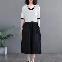 Women's Pants Lightweight Summer Stylish Wide Leg Cropped With Pockets For Women Elastic Waist Work Solid Colour Loose Fit