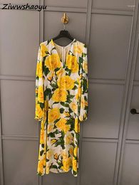 Casual Dresses High Quality Summer Women Fashion Runway Designer Real Silk Lantern Long Sleeve Yellow Floral Printed Elegant Slim