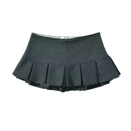 Skirts 2024 Summer Low Waist Y2K Black Mini Skirt Wide Pleated Decoration Light Grey Flounce A Line Skort Sweet Terry Fabric