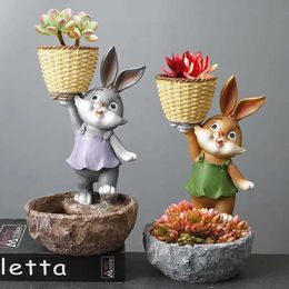 Planters Pots Resin cartoon animal simulation of rabbits sucking on green plants flower pot decoration courtyard outdoor garden Q240429