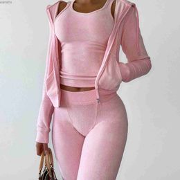 Women's Two Piece Pants Womens thick wool 3-piece sports pants tank top and hooded jacket set autumn and winter jogging luxury set sportswearL240429