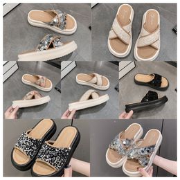 Top Luxury Designer Thick soled cross strap cool black slippers for women to wear Exquisite sequin sponge cake sole one line trendy slippers
