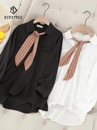Women's Blouses Autumn Cotton Solid Shirt Women Lapel Casual Tops Girl Necktie Long Sleeve OL Commute Versatile 2024 Spring T42855QC