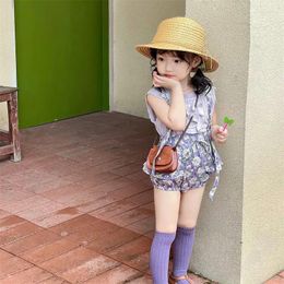 Clothing Sets Summer Children Toddle Baby Girl 2PC Clothes Set Cotton Purple Top Sleeveless Vest Floral Short Skirts Suit Korea Kid Outfit