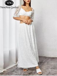 Work Dresses Asia Puff Sleeve V Neck Lace Crop Tank Top A-Line Long Skirt Sexy Party Club Two Piece Set White 2024 Arrival