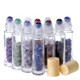 wholesale 10ml Clear Glass Roll on Perfume Bottles with Natural Crystal Quartz Stone Crystals and Wood Grain Cap ZZ