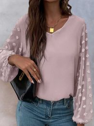 Women's Blouses Shirts Women Elegant Solid Colour Blouses Shirts Casual V Neck Puff Short Slve Blouse Tops Ladies Office Wear Shirt Y240426