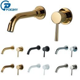 Set Brushed Gold Basin Faucet Brass White Bathroom Sink Faucet Wall Mounted Black Mixer Tap Single Handle Vessel Sink Water Faucet