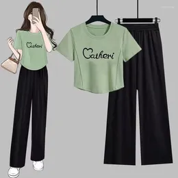 Women's Two Piece Pants For Women Suit Korean Version Girl Slimming Of Irregular T-shirt Summer Short Crop Tops And Wide Leg 2 Sets