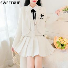 Work Dresses SWEETXUE Preppy Style Chain Coat Pleated Skirt Suit Female Jk Uniform Fashion 2024 Spring Two-Piece Lady Casual Outfits
