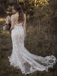 Romantic Spaghetti Straps Backless Mermaid Wedding Dresses Illusion Appliques Lace Bridal Gowns Robe De Mariee