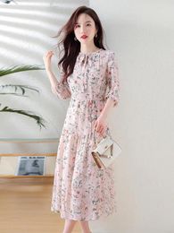 Casual Dresses 2024 Sping Autumn Bohemian Women Floral Print Bow Lace Up Midi Dress Long Sleeve High Waist Elegant Vestidoes French