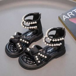 Sandals Girls Roman Sandals Kids Princess Leather Shoes Soft Summer Fashion Children Pleated Solid Colour Pearls Shoes Sweet Classic