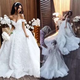 Klänningar klänningar 3d brud applikation blommig bröllop från axeln en linje organza svep tåg vestido de novia skräddarsydd plus storlek