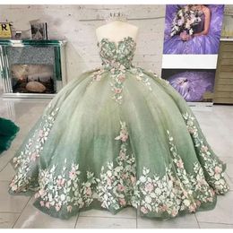 Dree Duty Necklin 밝은 Green Quinceanera Sweetheart 3d Floral Applique Beded Tulle Prom Ball Gown Cutom Made Sweet 16 생일 파티 공식