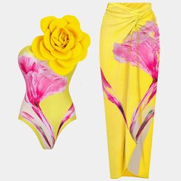 2024 Yellow Printed Biquinis Women 3D flower One Shoulder Beachwear with Skirt Two Pieces Sets Swimwwear Bathing Suit 240426