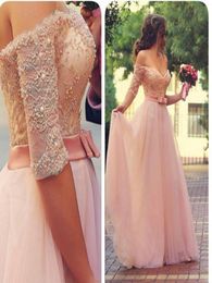 Off The Shoulder Pink Prom Dresses Pearls Lace Tulle Floor Length Said Mhamad Half Sleeves Evening Gowns Formal Dresses4445170