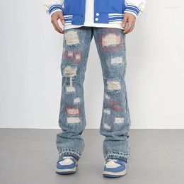 Men's Jeans American Retro High Street Blue Hip Hop Straight Leg Loose Full Length Pants Embroidered Fashion Wear