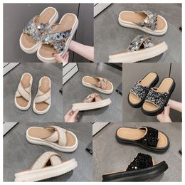 Top Designer Thick soled cross strap cool black slippers for women to wear Exquisite sequin sponge cake sole one line trendy slippers
