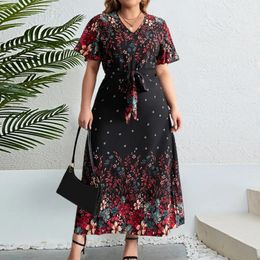 Women Summer Dress Flower Print Short Sleeve Aline Laceup Belted Tight Waist Plus Size Ankle Length V Neck Party Prom Lady Max 240422