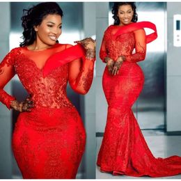 Red Lace Long Designer Sleeves Dresses Evening Applique Beaded Jewel Neck Plus Size Pleats Prom Gown Formal Custom Made Vestidos