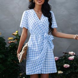 Casual Dresses Women's 2024 Summer Plaid Skirt Fashion Bow V-neck Dress Female & Lady Clothing