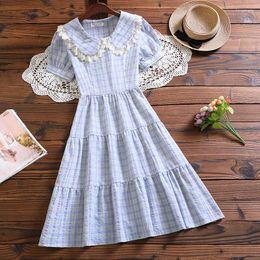 Casual Dresses Mori Girl Plaid Vestidos Summer Fashion Short Sleeve Women Dress