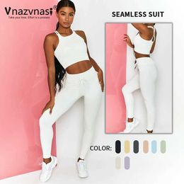 Women's Tracksuits Vanzvansi 2Pcs Ribbed Seamless Suit for Fitness Kit Sports Clothing for Women Push Up Tights Workout Clothes Sportswear Gym Y240426