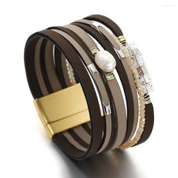 Charm Bracelets ALLYES Square Stone Beads Pearl Leather Metal Tube Crystal Chain Multilayer Wide Wrap Bracelet Fashion Jewelry