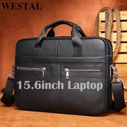 Briefcases WESTAL 15.6'' Laptop Bag For Men Genuine Leather Document Office Computer Briefcase Messenger