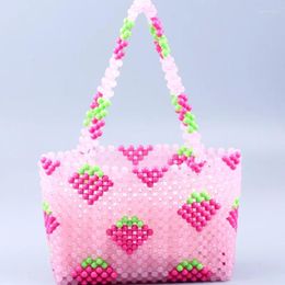 Drawstring 2024 Casual Versatile In Handbag Cute Pink Strawberry Beaded Bag Fashion Sweet Girl Hand Woven Women's Shoulder Bags