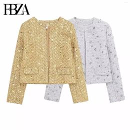 Women's Jackets FBZA Women Fashion Spring Flip Pocket Crewneck Cardigan Sequin Jacket Tweed Short Coats Chic Ladies Tops Mujer